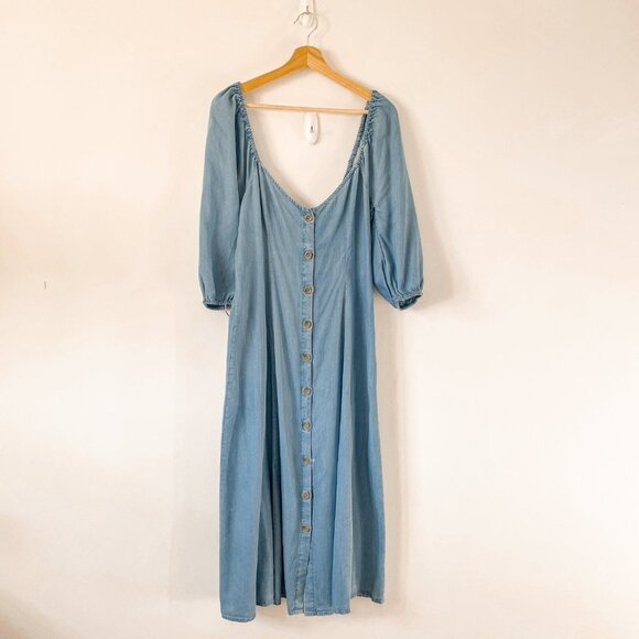 Zara Premium Denim Chambray Off Shoulder Midi Button Down Dress Blue Medium - Picture 8 of 13